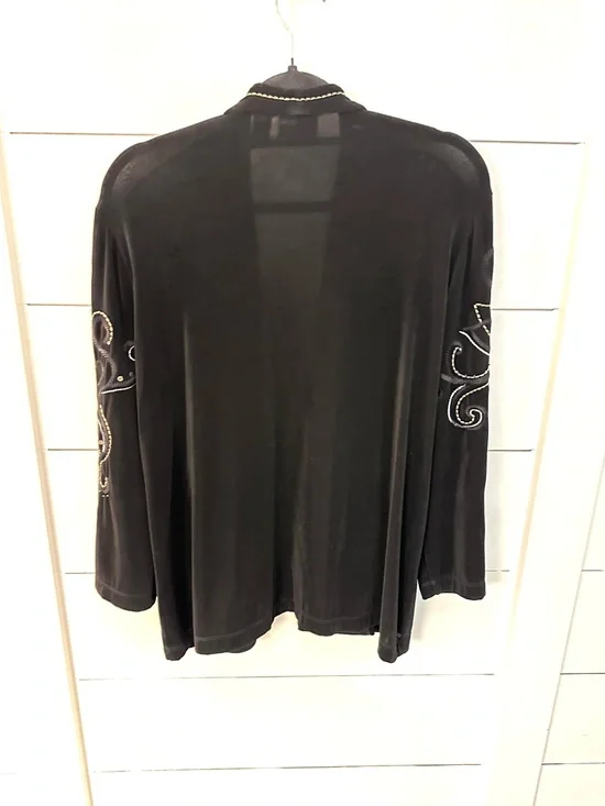 CHICOS TRAVELER XL black open embroidered stretch classic coastal comfort blazer - Picture 2 of 9